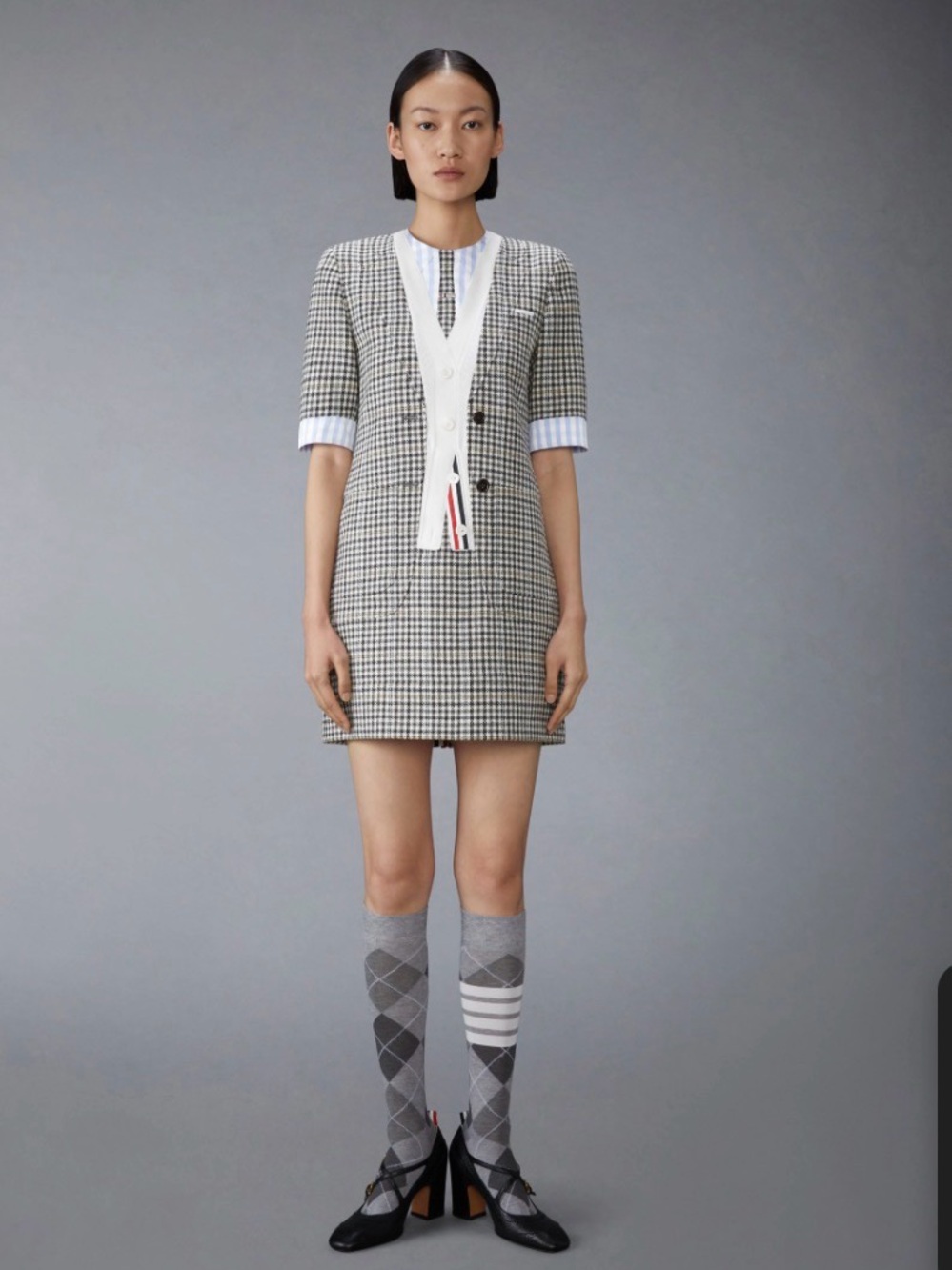 Thom Browne Black & White Houndstooth Short Sleeve Dress with Light Blue Cuff